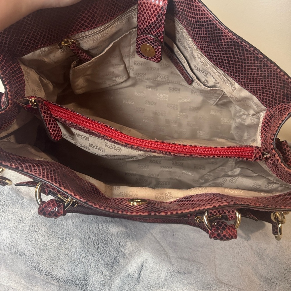 Michael Kors Large Red & Black Python Embossed Leather Satchel - Gold HW - Picture 11 of 16
